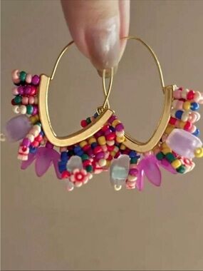 Colorful Beaded Gold Hoop Earrings - Pink & Multicolor
